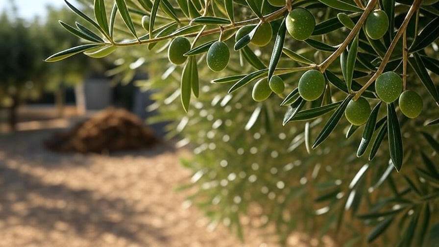 Close-up of olive tree leaves and olives with organic compost and watering can"