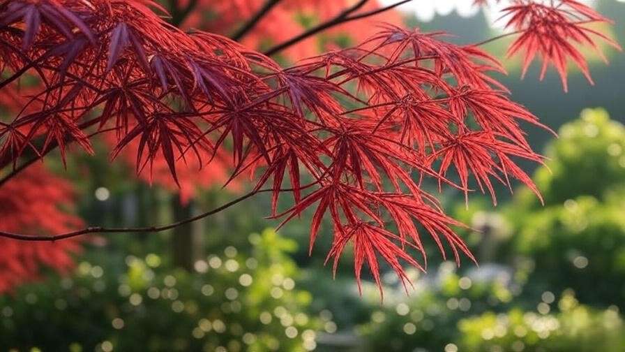 Close-up of a vibrant Japanese maple tree laceleaf with red foliage in a garden."