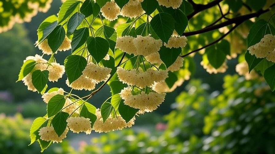 "Close-up of linden tree flowers in bloom with green leaves in sunlight."