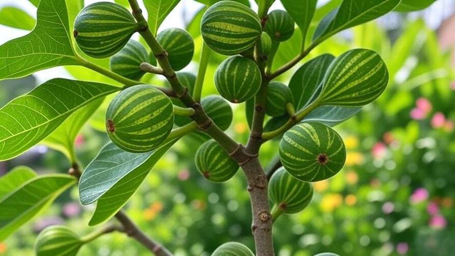 "Close-up of Panache fig tree with vibrant striped fruit and green leaves in a sunny garden".