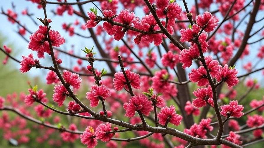 Vibrant red blossoms on Red Baron Peach Tree in spring bloom.
