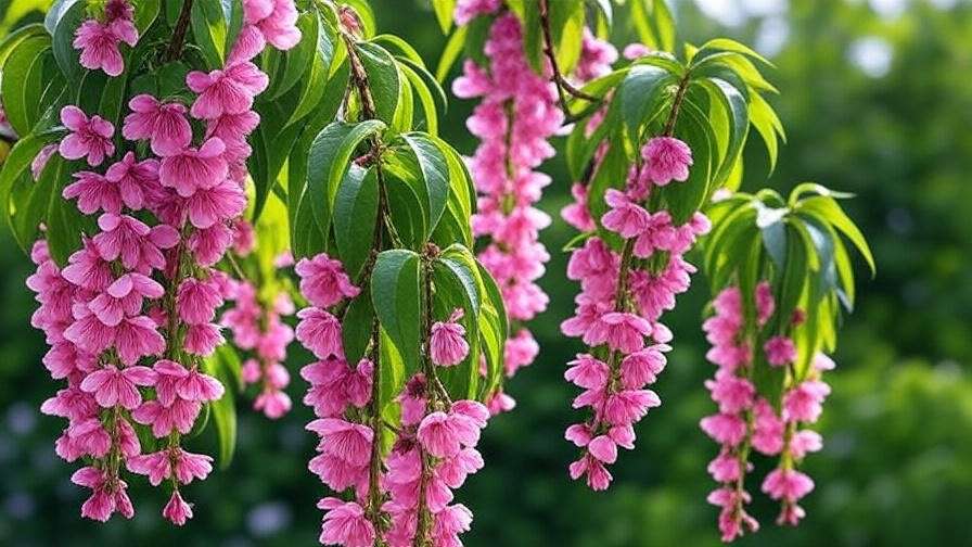 Close-up of a healthy weeping peach tree with pink blossoms and green leaves in a sunny garden."