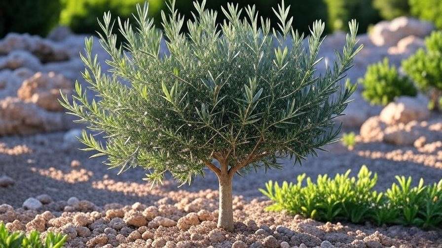 Close-up of a thriving Wilsonii olive tree with silver-green leaves in a Mediterranean garden