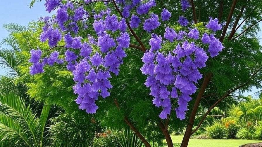 Vibrant Jacaranda tree with purple trumpet flowers in a tropical garden."