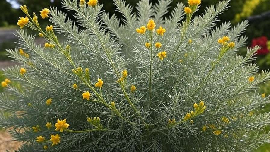 Close-up of a feather tree with silvery-green leaves and yellow blooms in a sunny garden