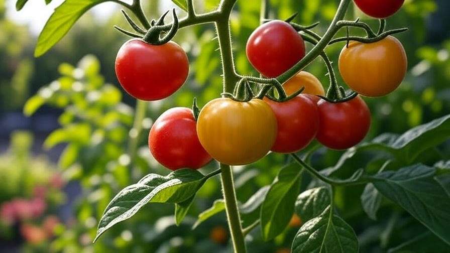 Close-up of tree tomato fruits in red, yellow, and orange on a branch with green leaves in a sunny garden