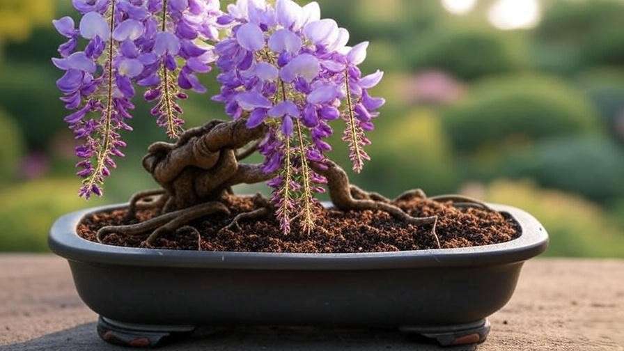 Close-up of a wisteria bonsai with purple blooms and healthy roots in a ceramic pot.