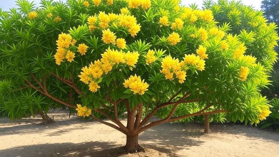 Close-up of a thriving Bulnesia tree with yellow flowers and green foliage in a tropical garden."