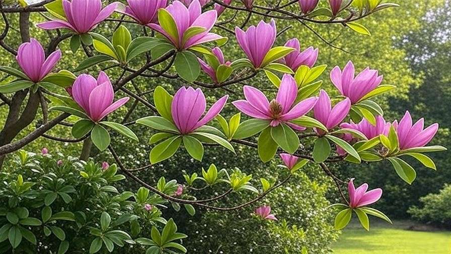 "Close-up of galaxy magnolia tree with vibrant pinkish-purple blooms and glossy green leaves."