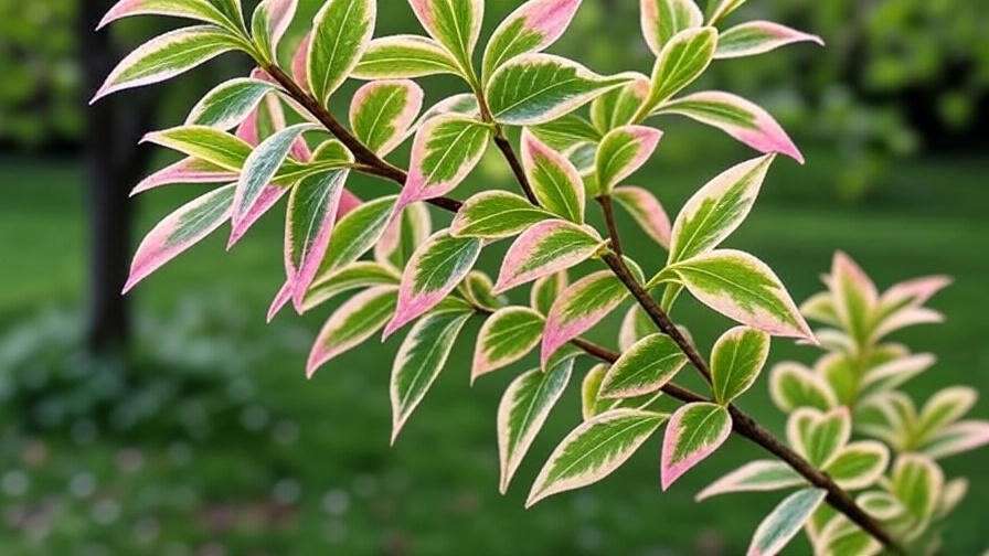 Close-up of Hakuro Nishiki willow variegated leaves in pink, white, and green for dappled willow identification.