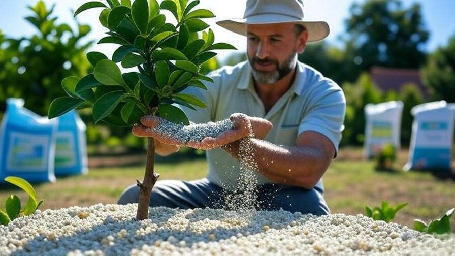 Gardener applying fertilizer to lime tree with fertilizer bags in background."