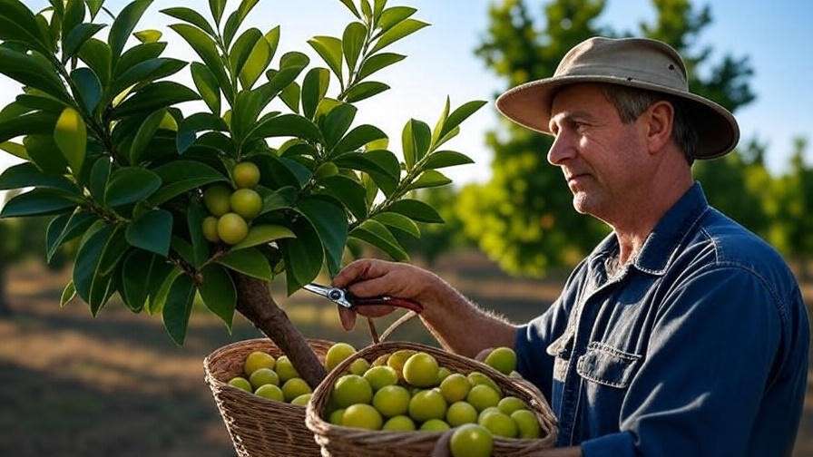 Gardener harvesting ripe cherimoya fruit with shears in a sunny orchard".