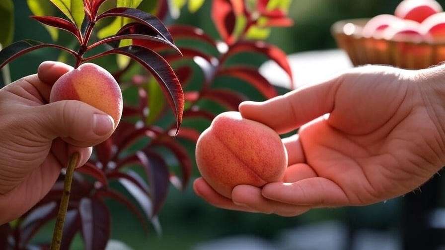 Hand harvesting a ripe Bonfire Patio Peach with a basket of peaches on a sunny patio table."