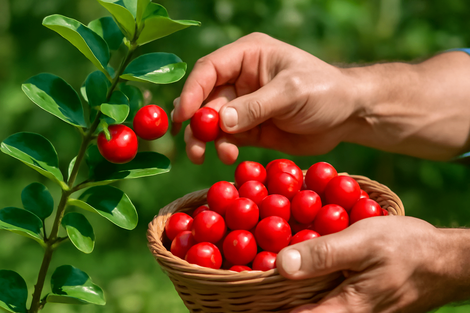 Gardener harvesting ripe red Barbados cherries into a basket with lush green foliage."