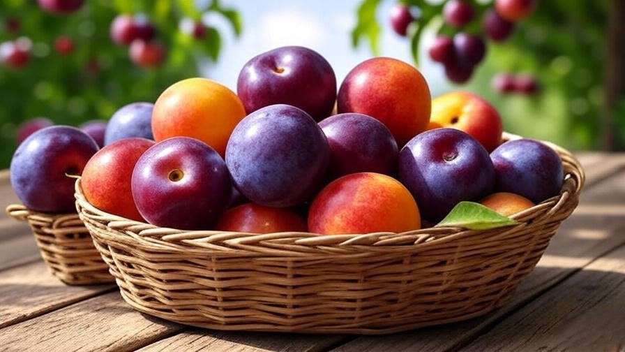 "Basket of freshly harvested colorful pluots with a pluot tree in the background."