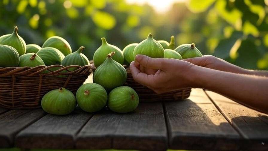 "Basket of freshly harvested green figs with a gardener's hand in a garden."