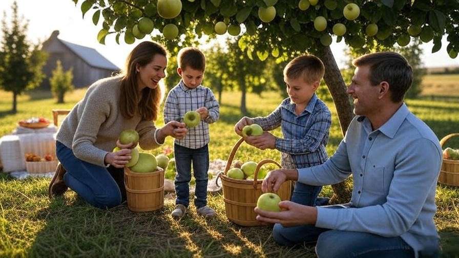 "Family harvesting ripe Granny Smith apples with baskets and picnic setup in sunny orchard."