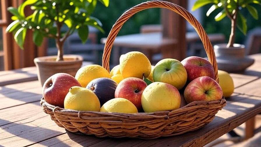 Basket of harvested lemons, apples, and figs with potted trees in the background."
