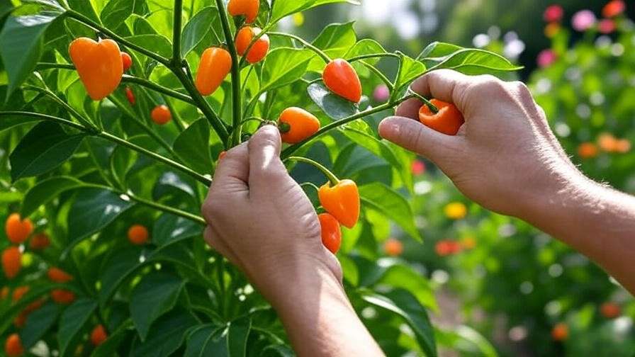 "Hands harvesting ripe orange and red habanero peppers from a thriving garden tree."