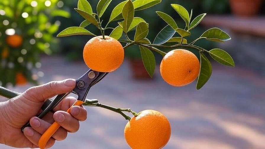 "Harvesting ripe oranges from a miniature orange tree with pruning shears on a patio."