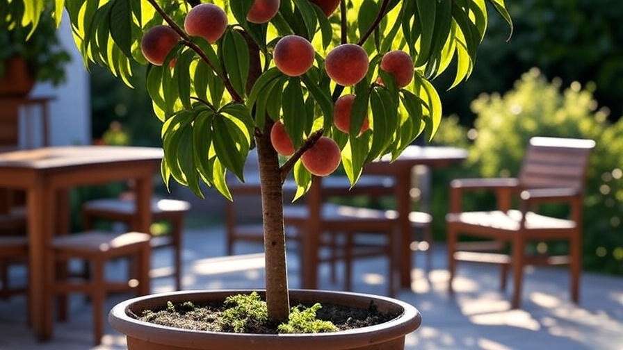 Harvesting ripe peaches from a patio peach tree on a summer patio with wooden furniture."