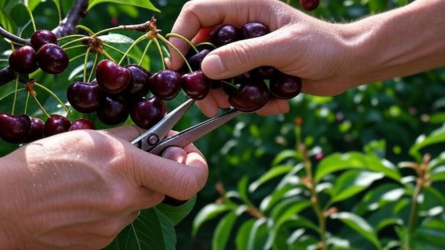 Hands harvesting ripe Lapins cherries with scissors from a tree in a sunny garden"