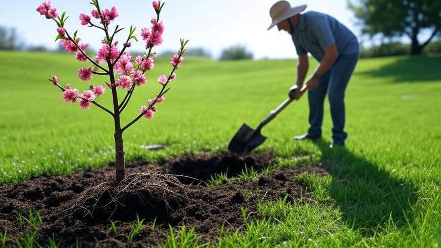 Gardener planting a young Belle of Georgia peach tree in loamy soil with a shovel in a sunny garden.