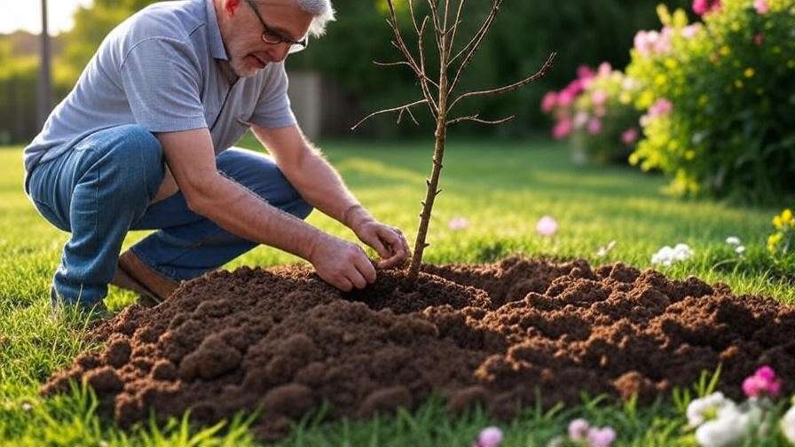 "Gardener planting a Belle of Georgia peach tree in a sunny garden with bare-root tree and loamy soil."