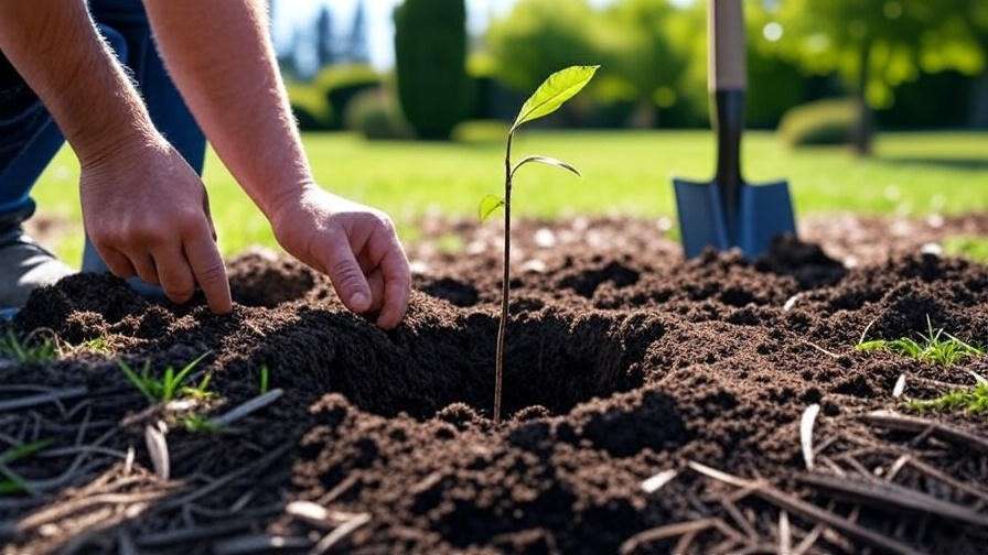 Hands planting young Red Baron Peach Tree in garden soil.