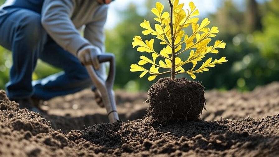 Gardener planting a dwarf ginkgo tree in well-draining soil with compost in a sunny garden"