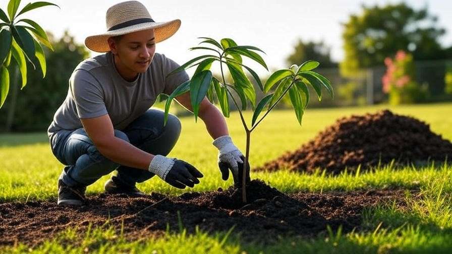 "Gardener planting a young mango tree with shovel and compost in a sunny garden