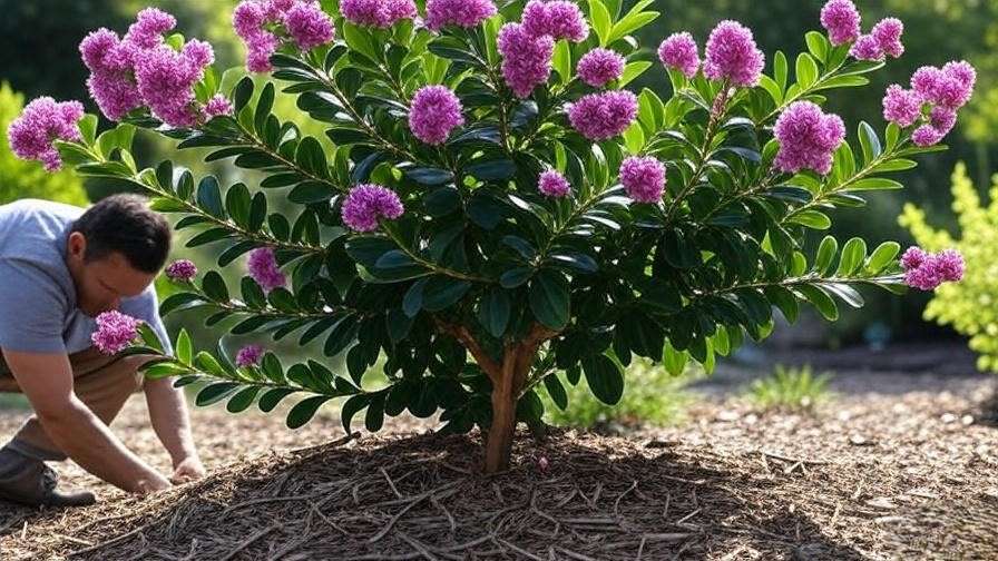 Close-up of Zuni Crape Myrtle tree planting with mulch in a sunny garden