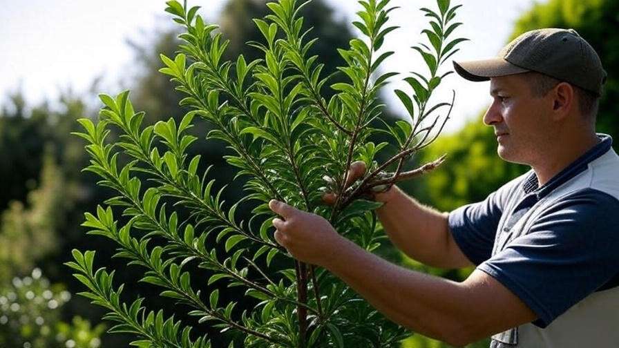 Gardener pruning a holly tree with shears to shape and remove dead branches."