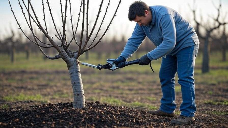Gardener pruning a young cherry tree in an orchard with pruners"