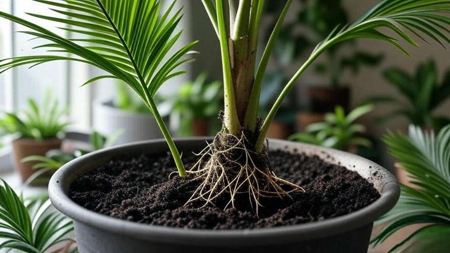 "Step-by-step repotting of a Majesty Palm into a larger pot with fresh soil".