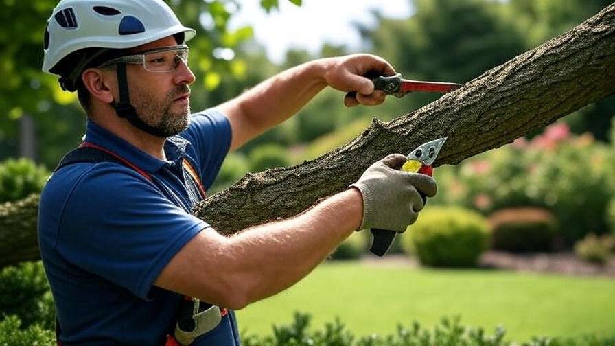 Arborist pruning droopy tree branch with safety gear in garden.