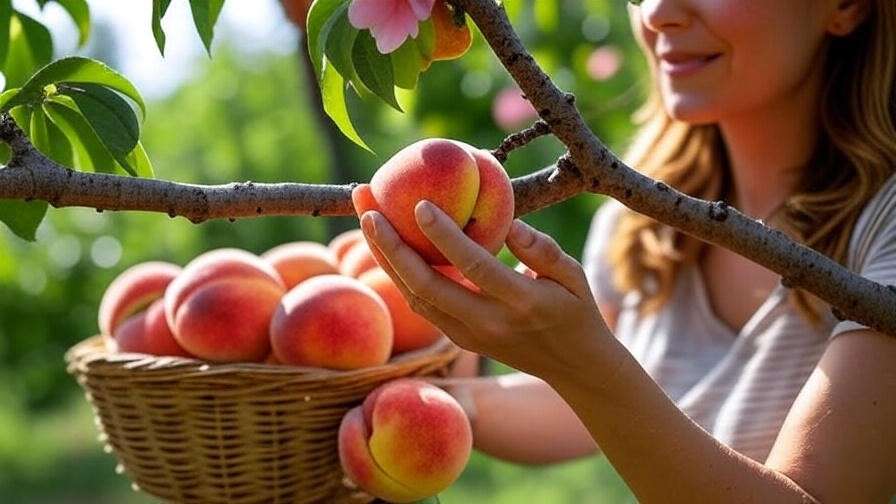 Hand harvesting a ripe Belle of Georgia peach from a thriving tree with a basket of peaches in a lush garden."