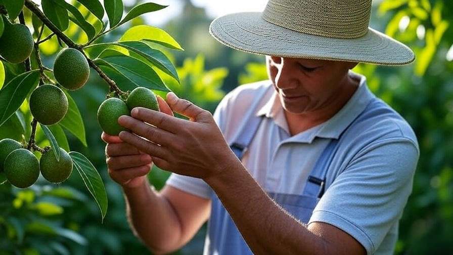 Gardener harvesting a ripe cheremoya fruit from a lush tree in a garden