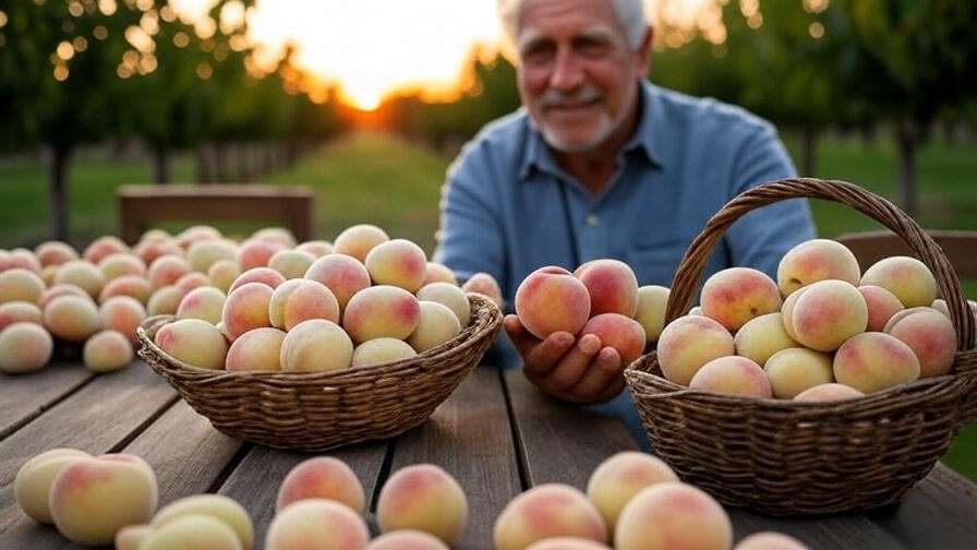 "Freshly harvested Belle of Georgia peaches in a basket with a gardener in a sunset orchard."