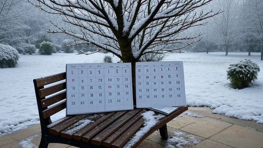 Cherry tree with bare branches in a snowy garden next to a calendar showing late winter dates.