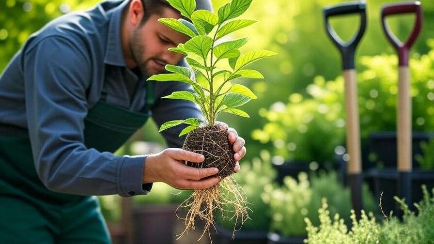 Nursery worker inspecting a young columnar hornbeam sapling with healthy roots and tools"