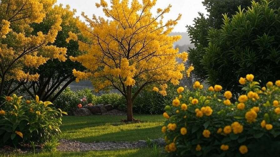 Yellow flowering tree with yellowing leaves next to healthy trees in a garden.