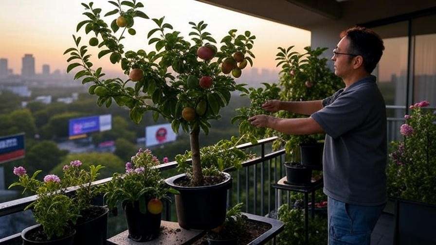 Urban balcony with columnar fruit trees and a person pruning against a city skyline."