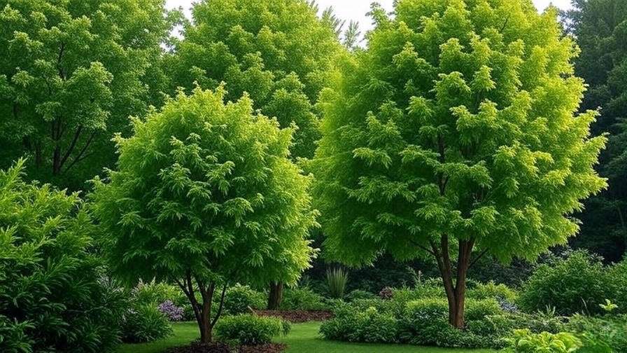 Variety of hornbeam trees with dense green foliage in a lush garden setting."