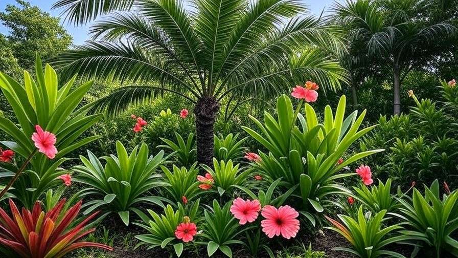Black palm tree providing shade in a colorful tropical garden with vibrant plants.