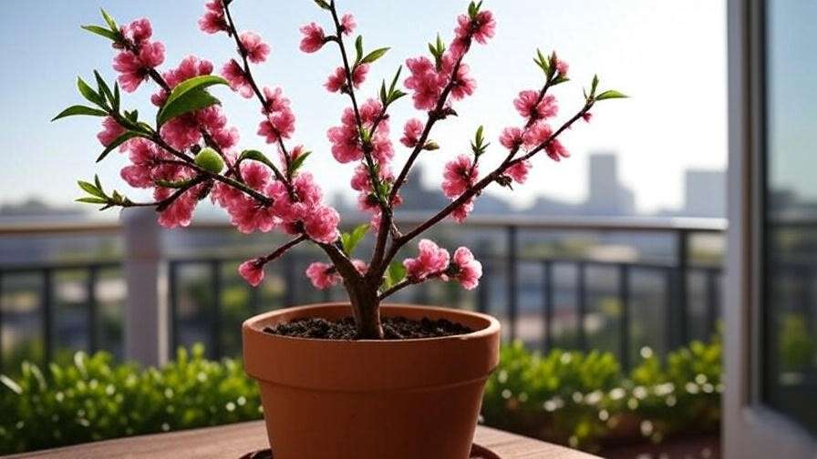 "Close-up of a patio peach tree with pink blossoms and green peaches in a terracotta pot on a sunny balcony.