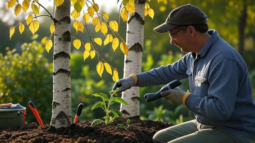 Gardener inspecting birch tree with yellowing leaves using soil moisture meter."