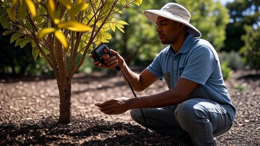 Gardener troubleshooting a tree with yellowing leaves using a soil moisture meter"