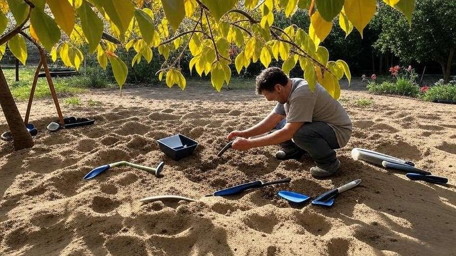 "Gardener testing sandy soil with a kit near a cherry tree with yellowing leaves and gardening tools.