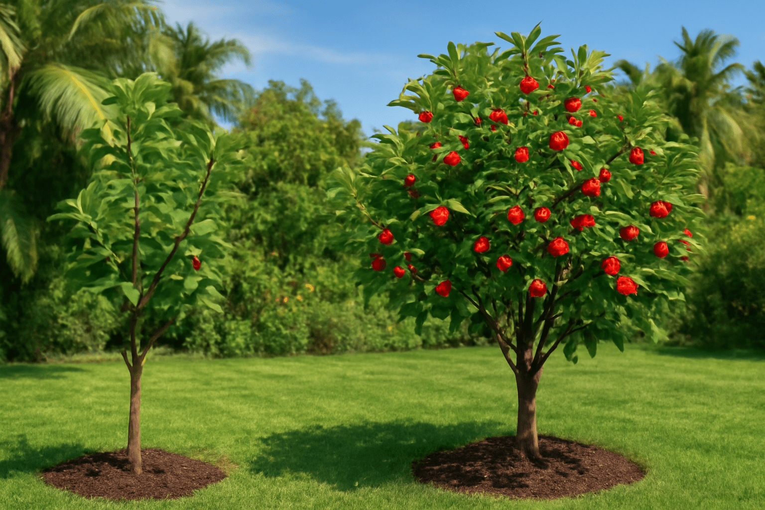 Comparison of a Barbados cherry tree with sparse fruit in shade and a thriving tree with cherries in full sun."